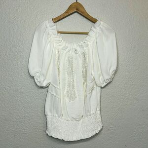 VTG Y2K Milkmaid Blouse Cream XOXO Chiffon Lace Sheer Smocked Cottagecore Size M